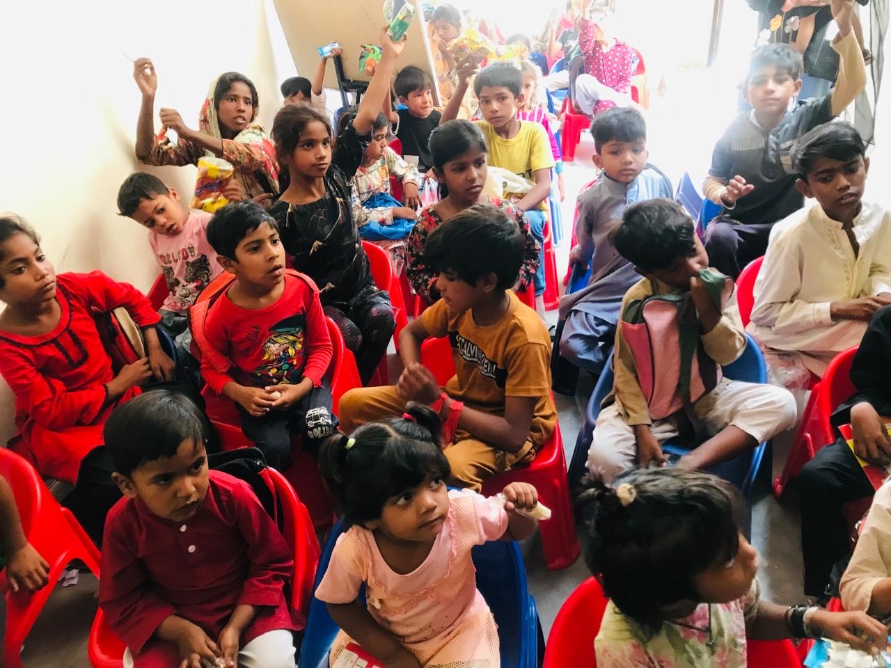 Kids gathered at the school